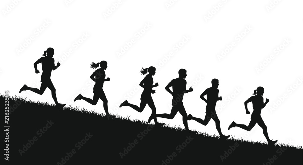 Fototapeta premium Silhouettes of six runners stride across a grassy hill against a white background athletes competition exercise fitness jogging