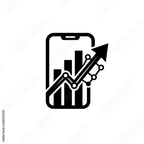 Mobile phone data analytics and business growth icon. Financial statistics, increasing chart with up arrow, mobile application for marketing. Vector illustration.