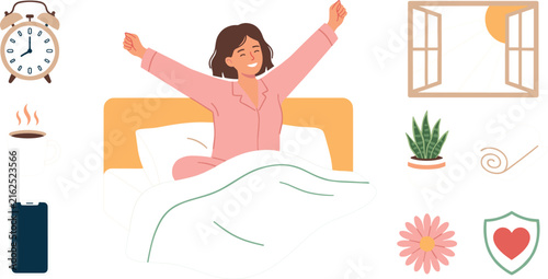Happy Woman Waking Up in Bed with Alarm Clock, Sunlight, Houseplant, Water Bottle, and Wellness Elements for Healthy Lifestyle Designs