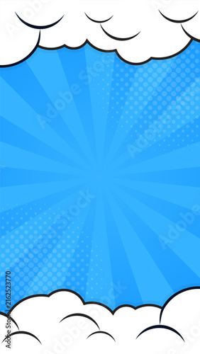 Abstract blue pop art comic sunburst background with clouds and halftone, Suitable for cartoon wallpapers, sales banners, comic book templates, event posters, ads, and web pages