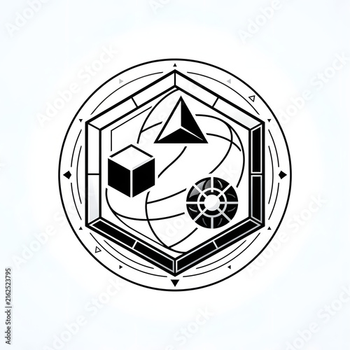 Geometric sacred Emblem featuring cube pyramid and sphere inside hexagonal frame with abstract lines