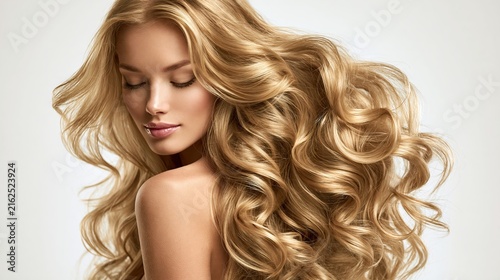 A young blonde woman with freshly styled hair is isolated on a white background highlighting hair coloring results, beauty treatment, and fashion styling aesthetics.