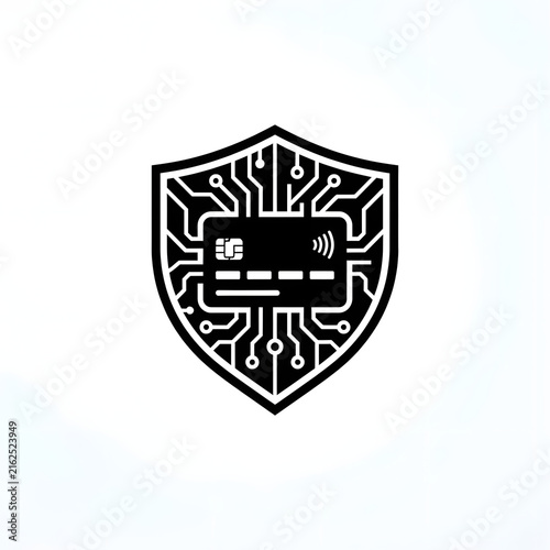 Secure credit card payment shield icon with digital circuit technology background isolated on white background