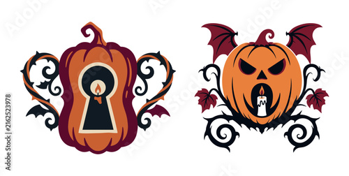 Halloween Keyhole and Bat Wing Jack O Lantern Gothic Spooky Vector Illustration
