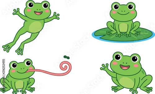 Cute Green Frog Vector Cartoon Character Set with Jumping, Sitting on Lily Pad, Waving, and Catching Insects for Children Book IllustrationsWeb