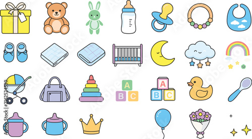 Cute Baby Nursery Icons Set with Teddy Bear, Rabbit, Bottle, Pacifier, Toys and Accessories