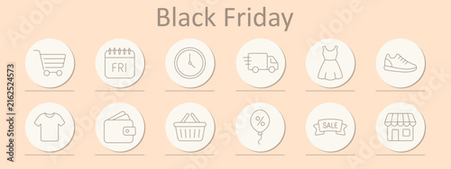 Black Friday set icon. Shopping cart, friday calendar, clock face, delivery truck, dress form, sneaker shoe, tshirt form, wallet, shopping basket, percent balloon, sale banner, storefront shop.