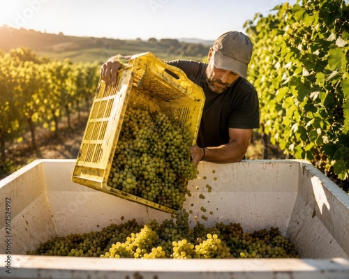 Male farmer emptying a yellow plastic crate full of fresh white grapes into a large bin in a sunny vineyard. Agricultural harvest, viticulture, and winemaking concept during golden hour.