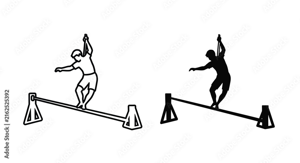 Fototapeta premium A tightrope walker balances on a rope supported by pylons a black and white silhouette acrobat aerialist balance