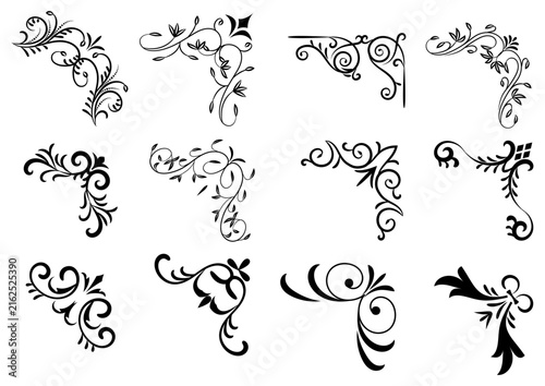 Collection of twelve black flourish corner ornaments with transparent background, decorative vintage