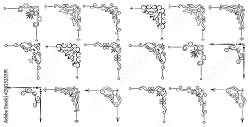 Collection of ornate black flourish corner accents with transparent background, decorative