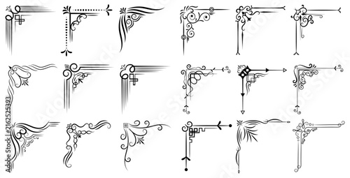 Collection of ornate black decorative corner flourishes with transparent background, vintage