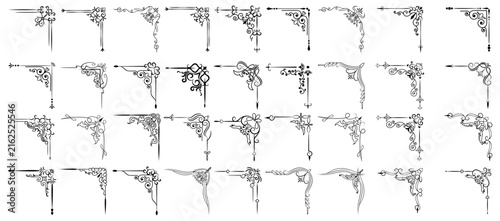Collection of ornate black decorative corner flourishes with transparent background