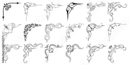 Collection of ornate black flourish corner accents with transparent background, decorative