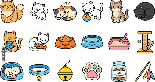 Cute kawaii cats and pet care accessory supplies flat vector illustration sticker set