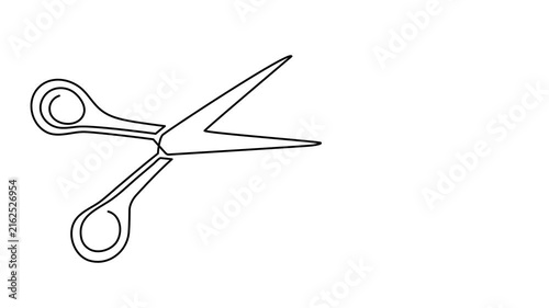 Scissors cutting thread hair textile one line art animation, barbershop metallic sharp tool or tailor sewing accessory continuous drawing contour movie, craft cutting hairdressing outline 4k 