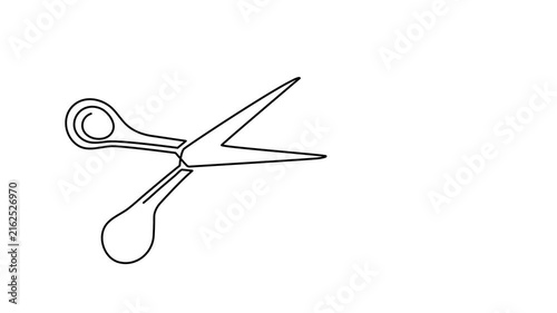 Scissors cutting thread hair textile one line art animation, barbershop metallic sharp tool or tailor sewing accessory continuous drawing contour movie, craft cutting hairdressing outline 4k 