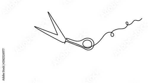 Scissors cutting thread hair textile one line art animation, barbershop metallic sharp tool or tailor sewing accessory continuous drawing contour movie, craft cutting hairdressing outline 4k 
