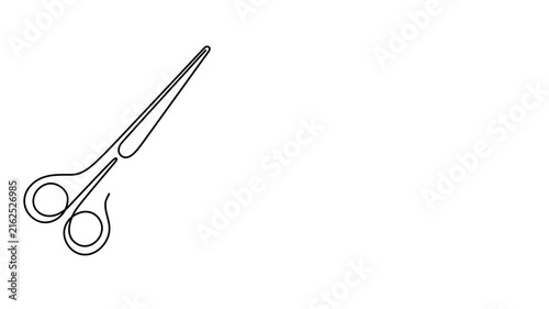 Scissors cutting thread hair textile one line art animation, barbershop metallic sharp tool or tailor sewing accessory continuous drawing contour movie, craft cutting hairdressing outline 4k 