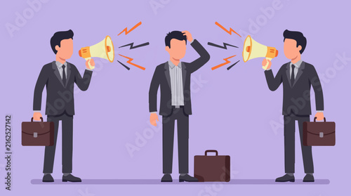 Foto Businessman stressed by conflicting messages and communication overload