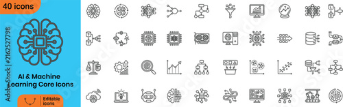 Set of forty digital technology icons showing machine learning and science concepts arranged on a simple white background template.