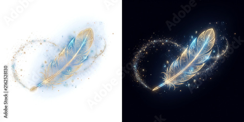 Magical glowing feather with golden and blue sparkles on white and dark background