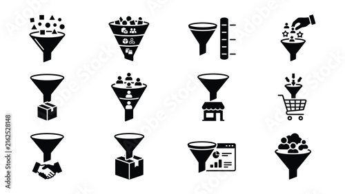 Flat design funnel icons with different elements
