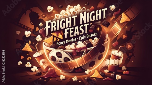 Fright night feast illustration with popcorn nachos and movie film reel for halloween
