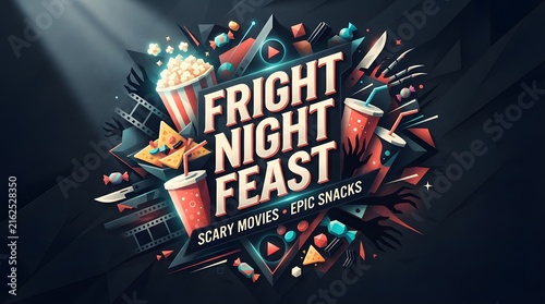 Halloween movie night feast with popcorn pizza and candy  colorful vector illustration