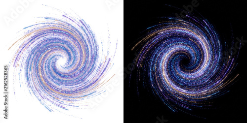 Abstract cosmic spiral vortex with glowing light particles on white and black background