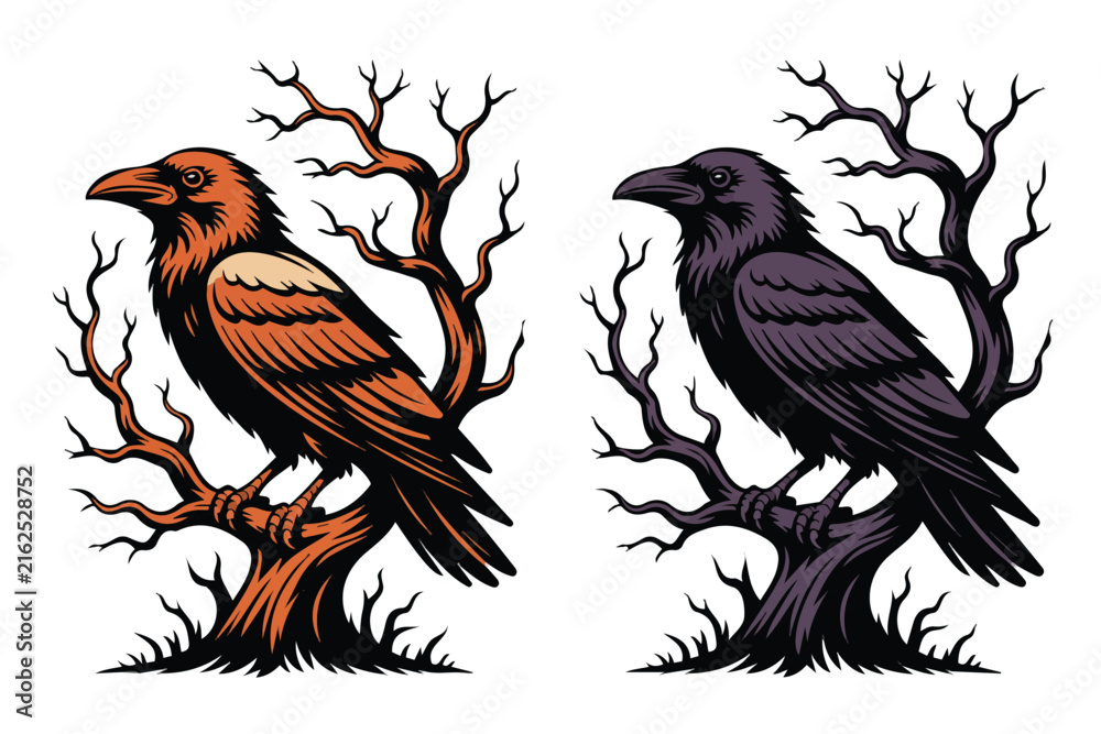 Naklejka premium Gothic Raven and Twisted Dead Tree Vector Illustration Isolated on White Background