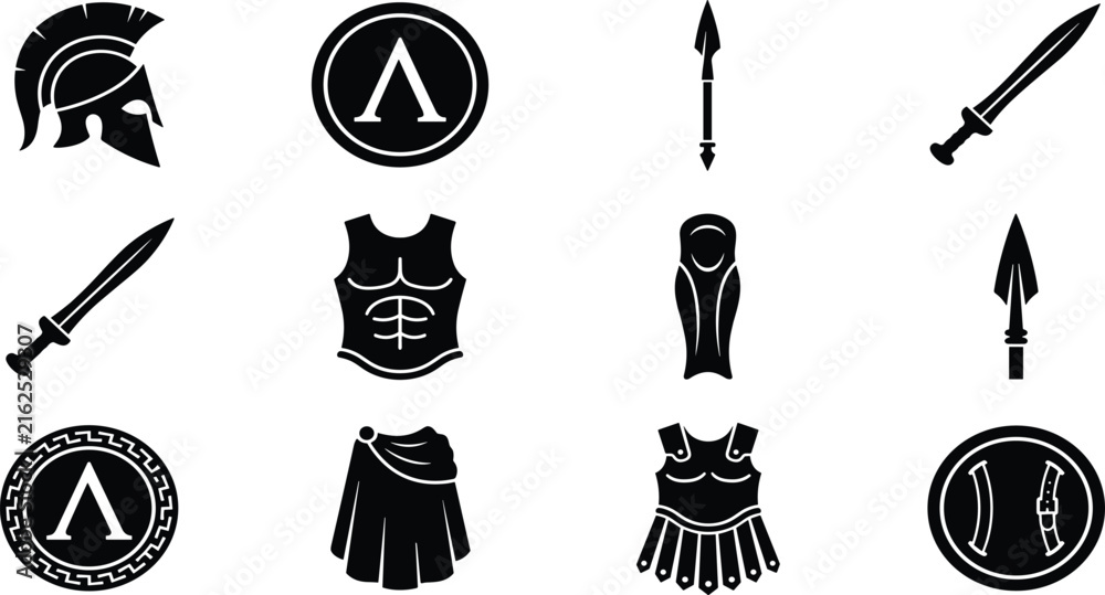 Fototapeta premium Spartan, warrior, armor, icons, set, black, vector, silhouettes, helmet, shield, sword, spear, breastplate, cloak, ancient, Greek, Roman, soldier, equipment, symbol