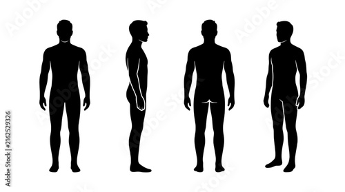 Set of four male human body silhouettes showing front, back and side views for anatomy or medical reference.