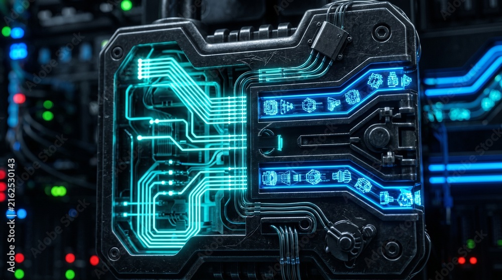 Fototapeta premium Futuristic digital security mechanism with displays complex industrial