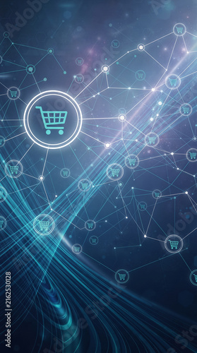 Digital network of shopping carts and connections, representing e-commerce and online shopping, a futuristic concept.