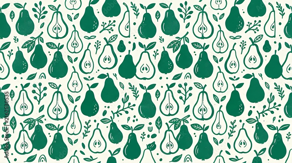 Stylized Single Tone Emerald Fruit Doodles Seamless Pattern Excellent For Sustainable Packaging Design Eco Friendly Product Branding Culinary Wall Decor And Tropical Textile Fabrics pear pattern