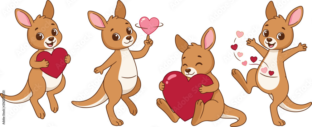 Obraz premium Cute Kangaroo Cartoon Character Set Holding Hearts For Valentines Day Greeting Cards, Children Book Illustrations, and Romantic Sticker Designs
