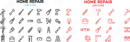 Set of home improvement and repair icons featuring various construction tools and equipment in black and red