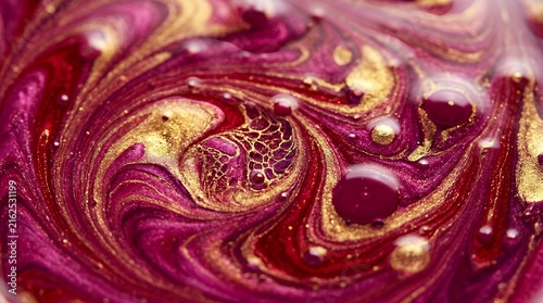 Mesmerizing Fluid Art Swirls with Golden Accents and Rich Magenta Liquid Drops Close Up abstract magenta golden gold fluid mixture texture macro photography glossy red liquid swirls drops details