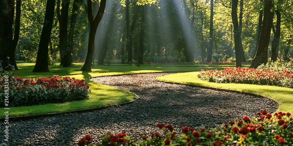 Naklejka premium A Beautiful Serene Landscape Garden With A Winding Gravel Pathway And Vibrant Flowers Under Light