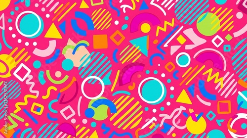 Vibrant fuchsia geometric seamless pattern with abstract shapes and bright colors for modern design projects