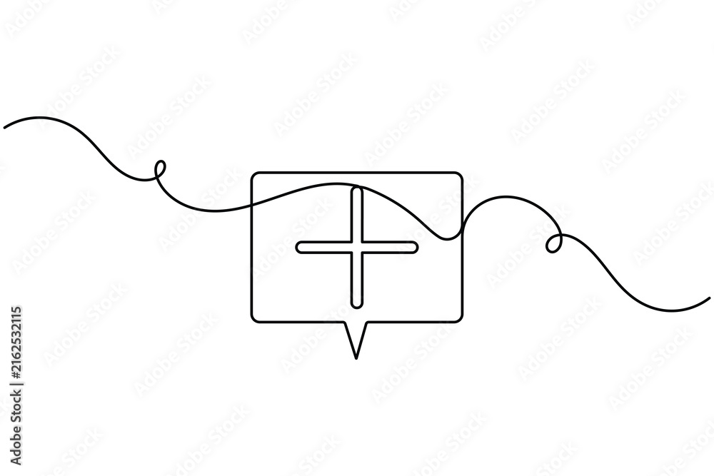 Obraz premium Medical cross inside a chat speech bubble icon sign continuous one line drawing on white background minimalist professional health care and communication symbol editable outline vector illustration