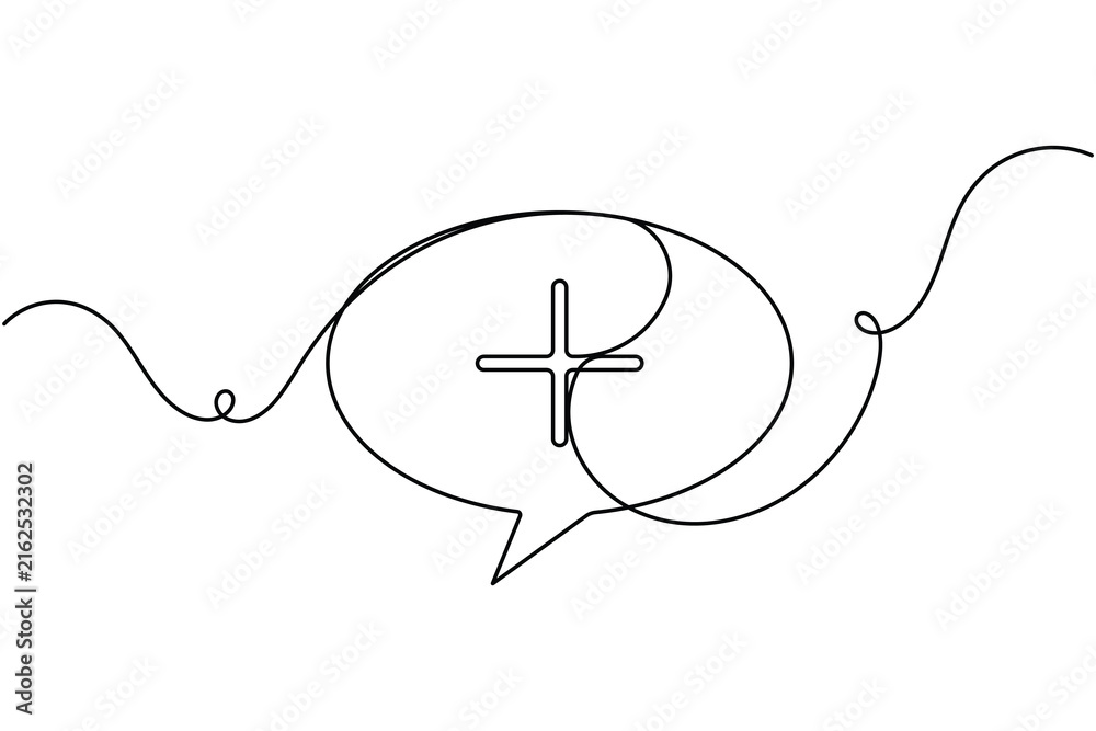 Obraz premium Medical cross inside a chat speech bubble icon sign continuous one line drawing on white background minimalist professional health care and communication symbol editable outline vector illustration
