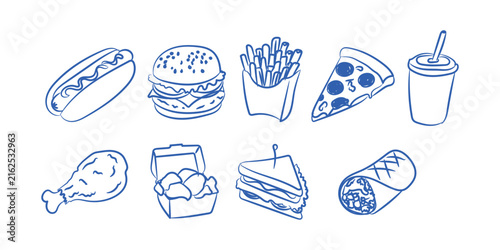 Fast food menu items, takeout snacks, and street food doodle element collection set Vector Illustration