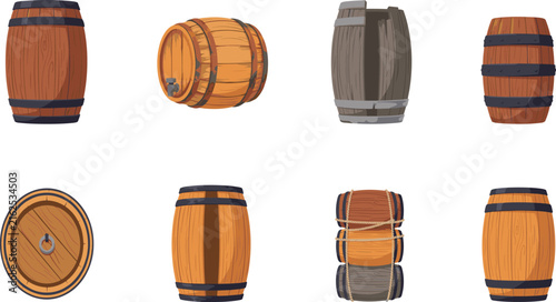 Картината върху платно Wooden Barrel Vector Icon Set with Oak Wine Casks Brewing Kegs and Broken Weathe