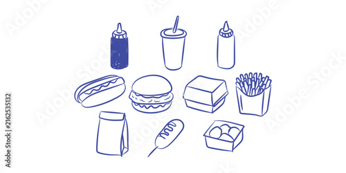 Fast food restaurant meal, takeaway snacks, and street food doodle element collection set Vector Illustration