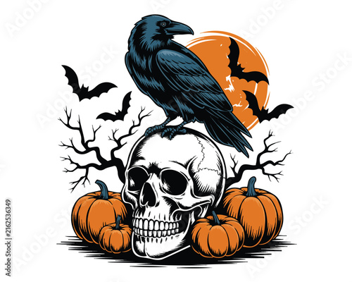 Foto Black Raven with Skull Spooky Vector Illustration Isolated on White Background