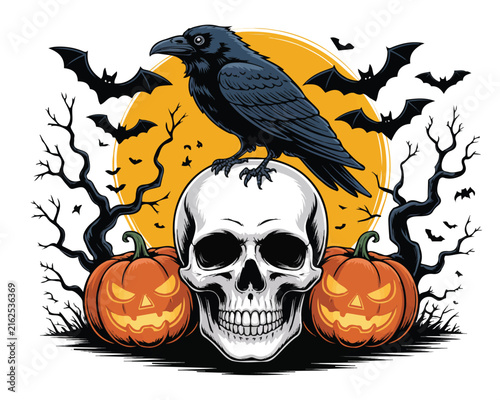 Foto Raven Skull vector illustration isolated on white background