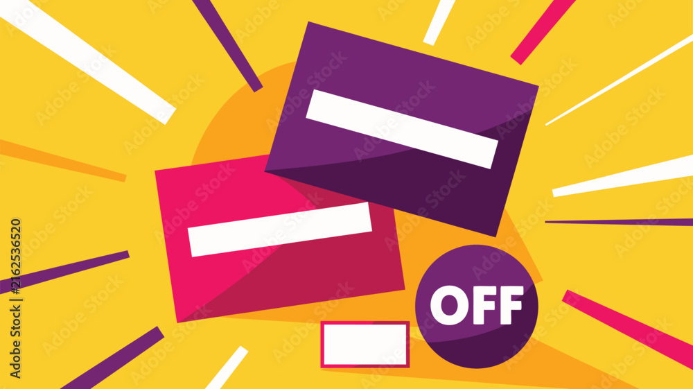 Fototapeta premium Bright yellow background with bold purple and pink shapes for promotional offers