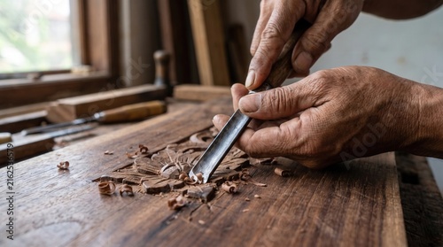 A skilled craftsman uses a sharp steel chisel to carve intricate patterns into a natural hardwood plank within a traditional workshop setting where manual labor creates beautiful functional